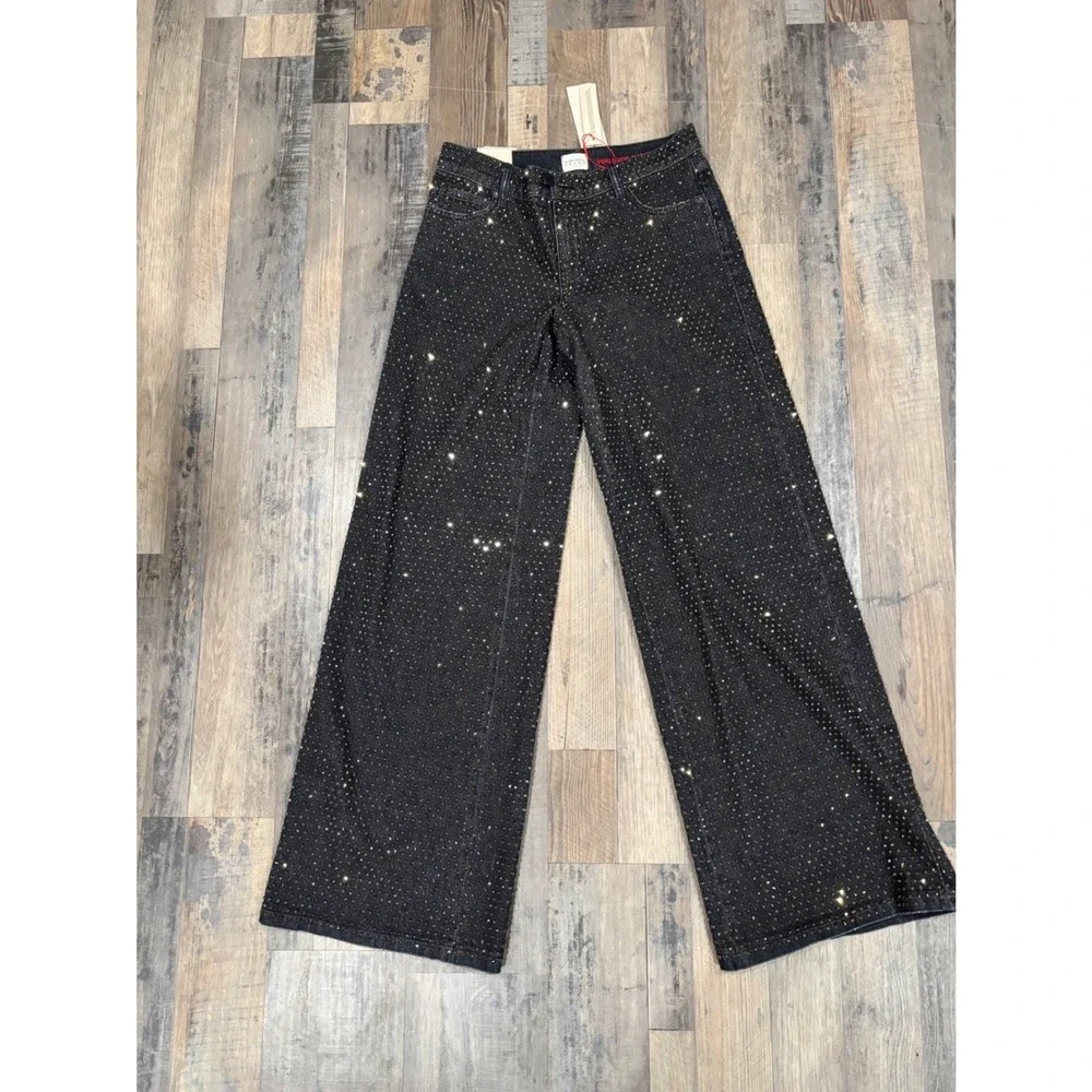 Alice and Olivia Black Gold Rhinestone Embellished Wide Leg Jeans High Rise | 28 - Picture 2 of 10